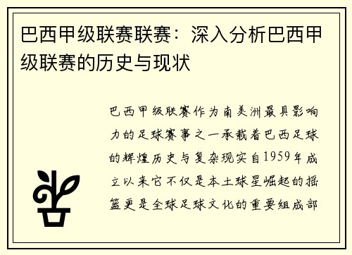巴西甲级联赛联赛：深入分析巴西甲级联赛的历史与现状